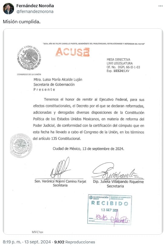 Gerardo Fernández Noroña celebra aprobación para publicar la reforma al Poder Judicial
