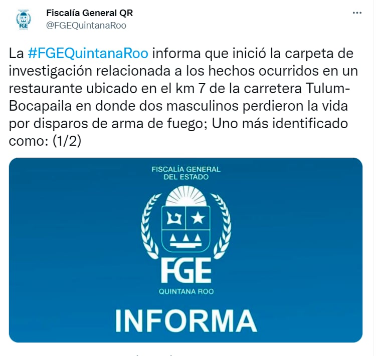 FGE de Quintana Roo informa sobre balacera en Tulum que deja dos muertos/Twitter
