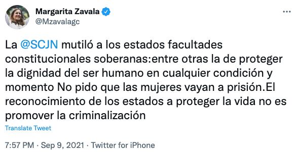 Tuit de Margarita Zavala