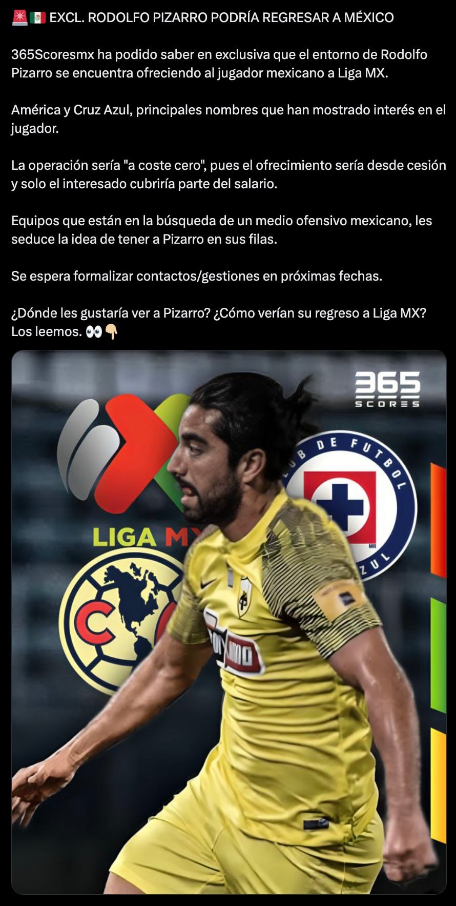 Rodolfo Pizarro podría llegar a América o Cruz Azul