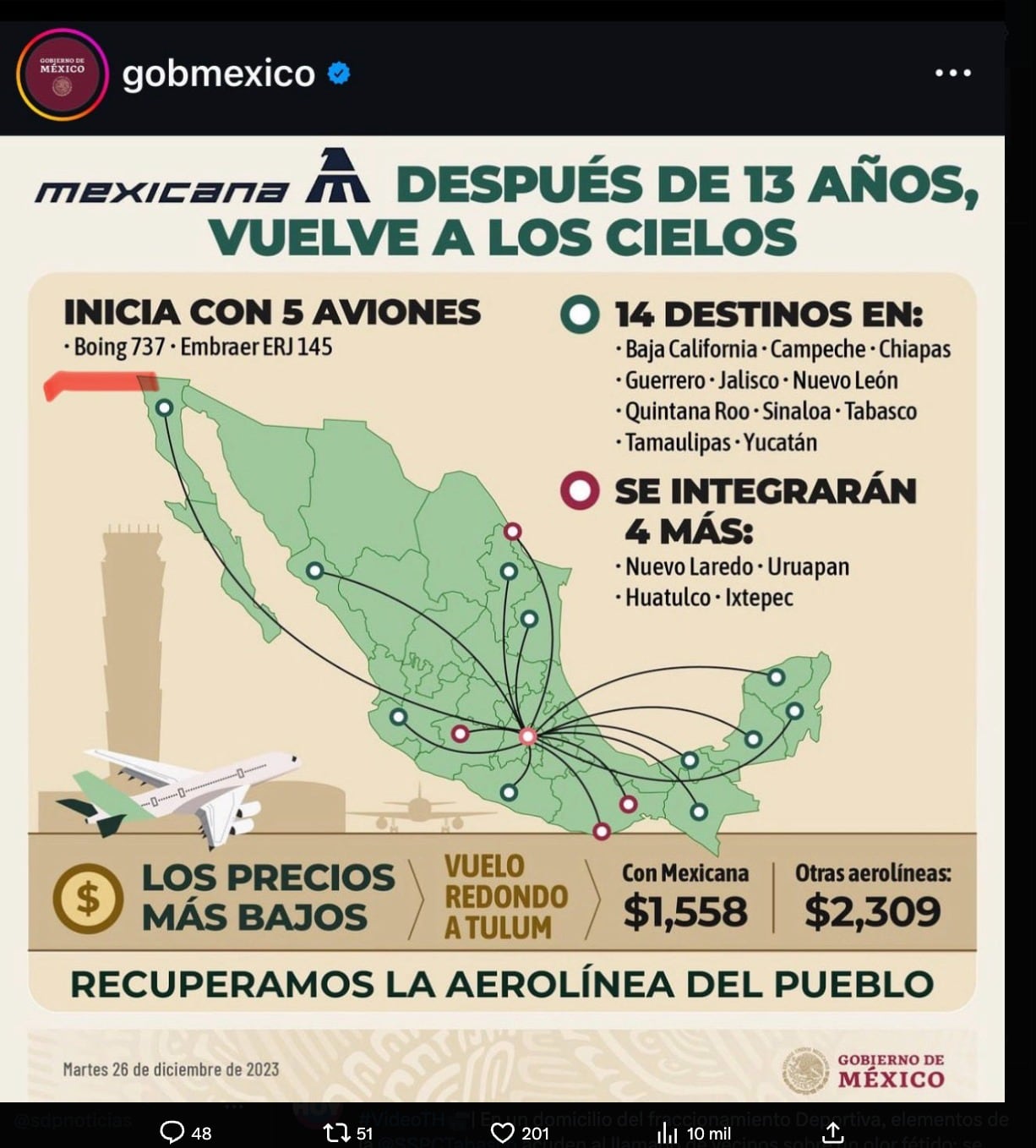 El Gobierno de México se equivocó y escribió "Boing" en lugar de "Boeing" para referirse al modelo de avión