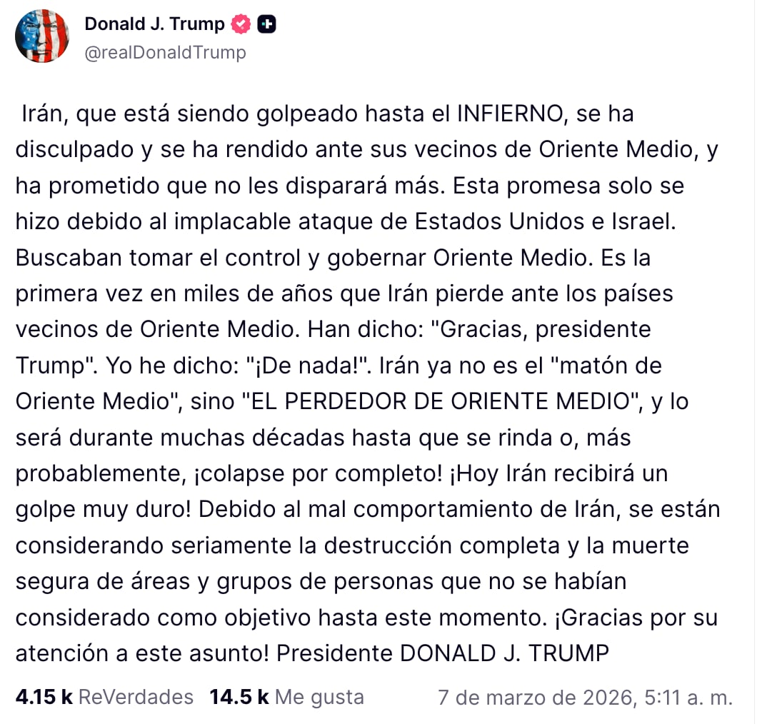 Trump afirma que Irán ya se rindió