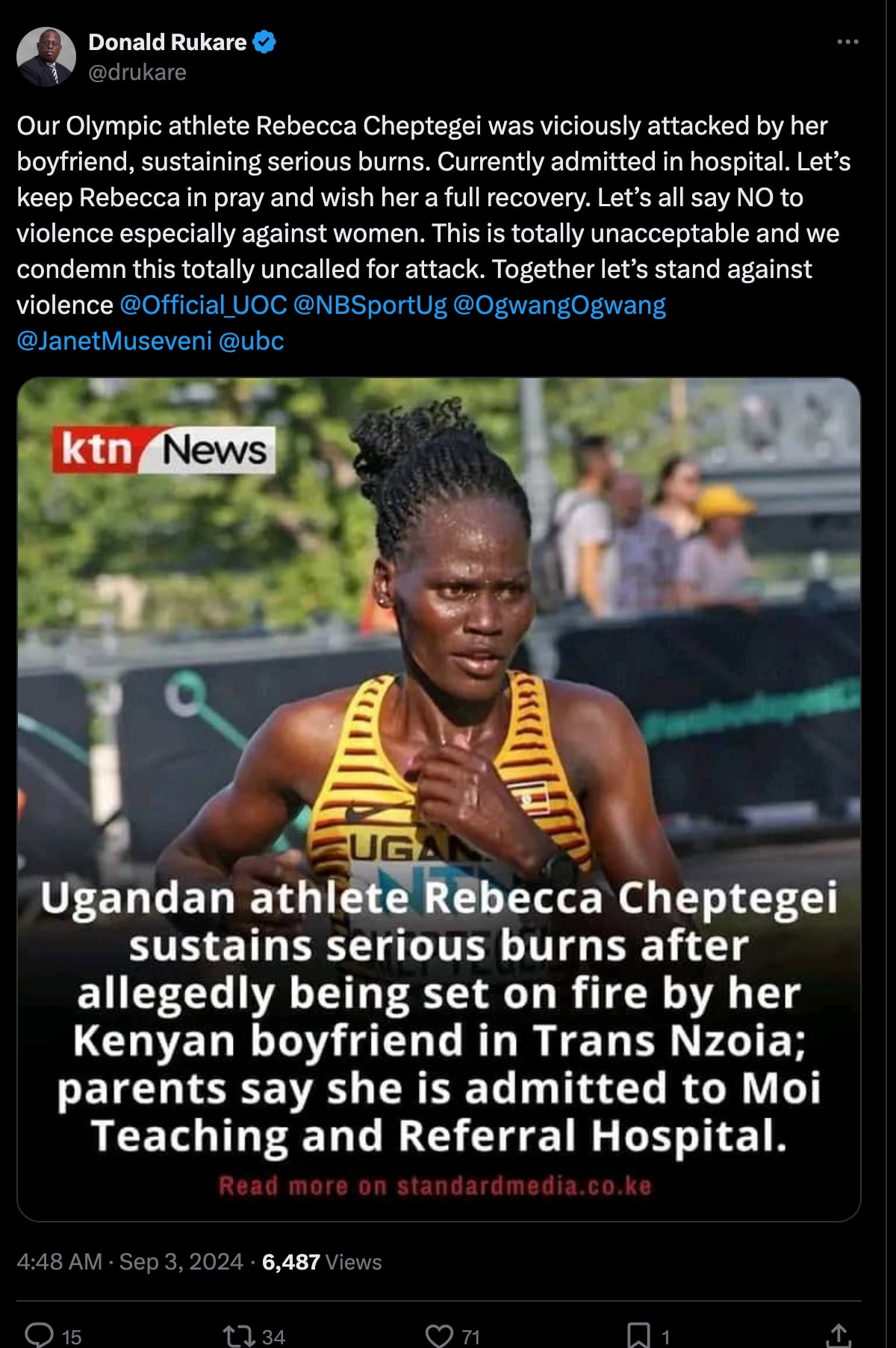 Presidente del Comité Olímpico de Uganda habla sobre Rebecca Cheptegei