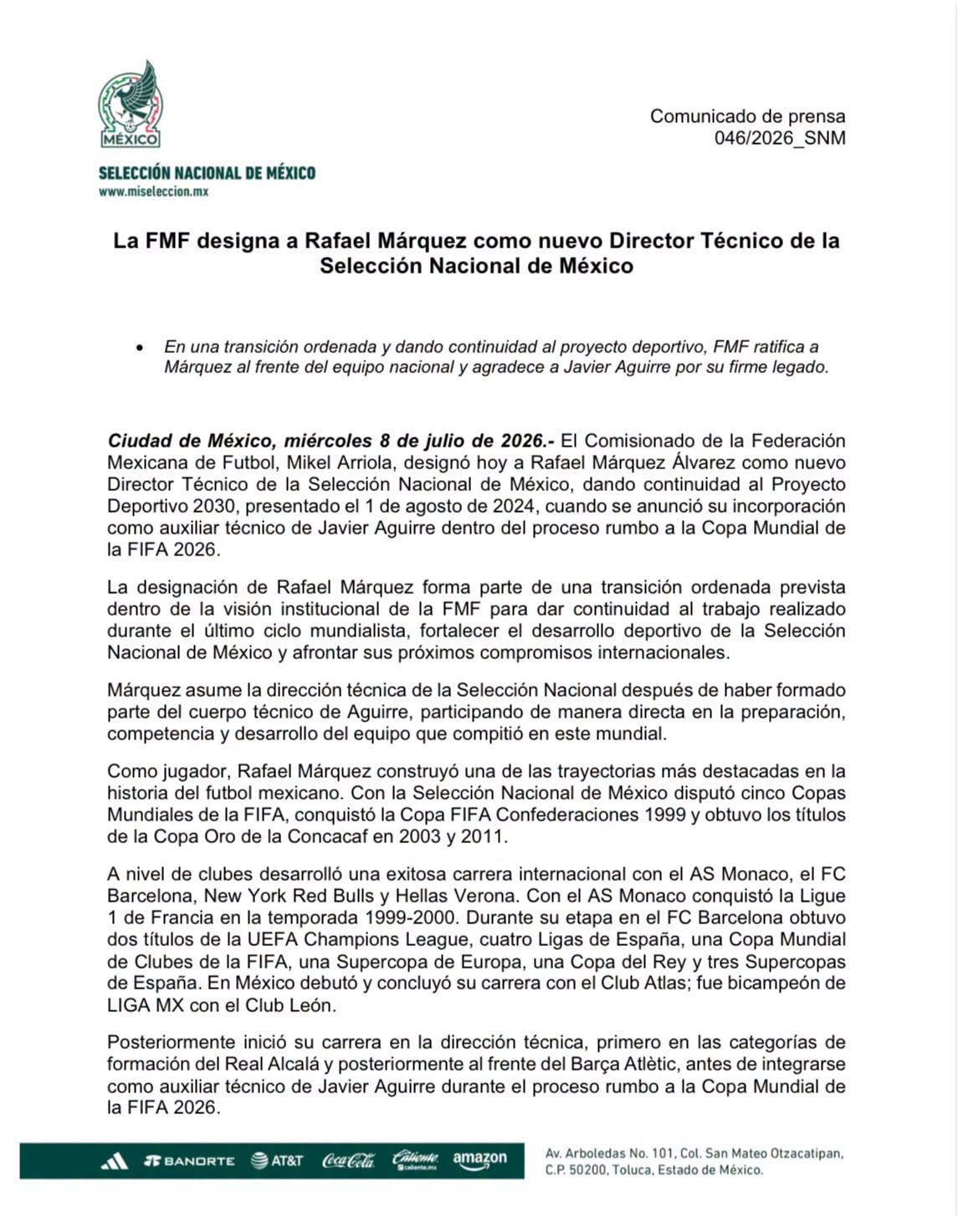 La FMF nombró a Rafael Márquez como nuevo técnico de México tras el Mundial 2026