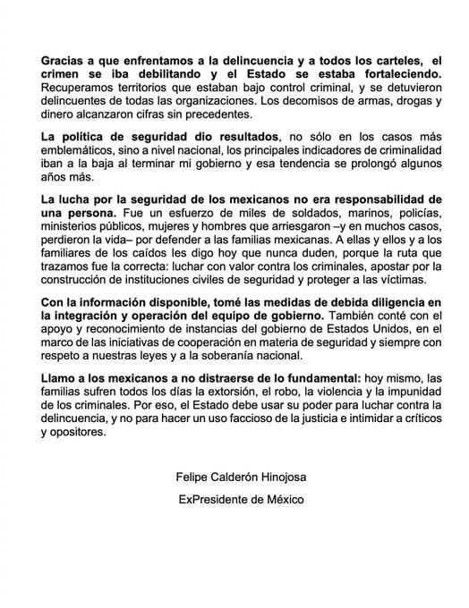 Comunicado Felipe Calderón tras el veredicto emitido en el juicio contra Genaro García Luna en Estados Unidos
