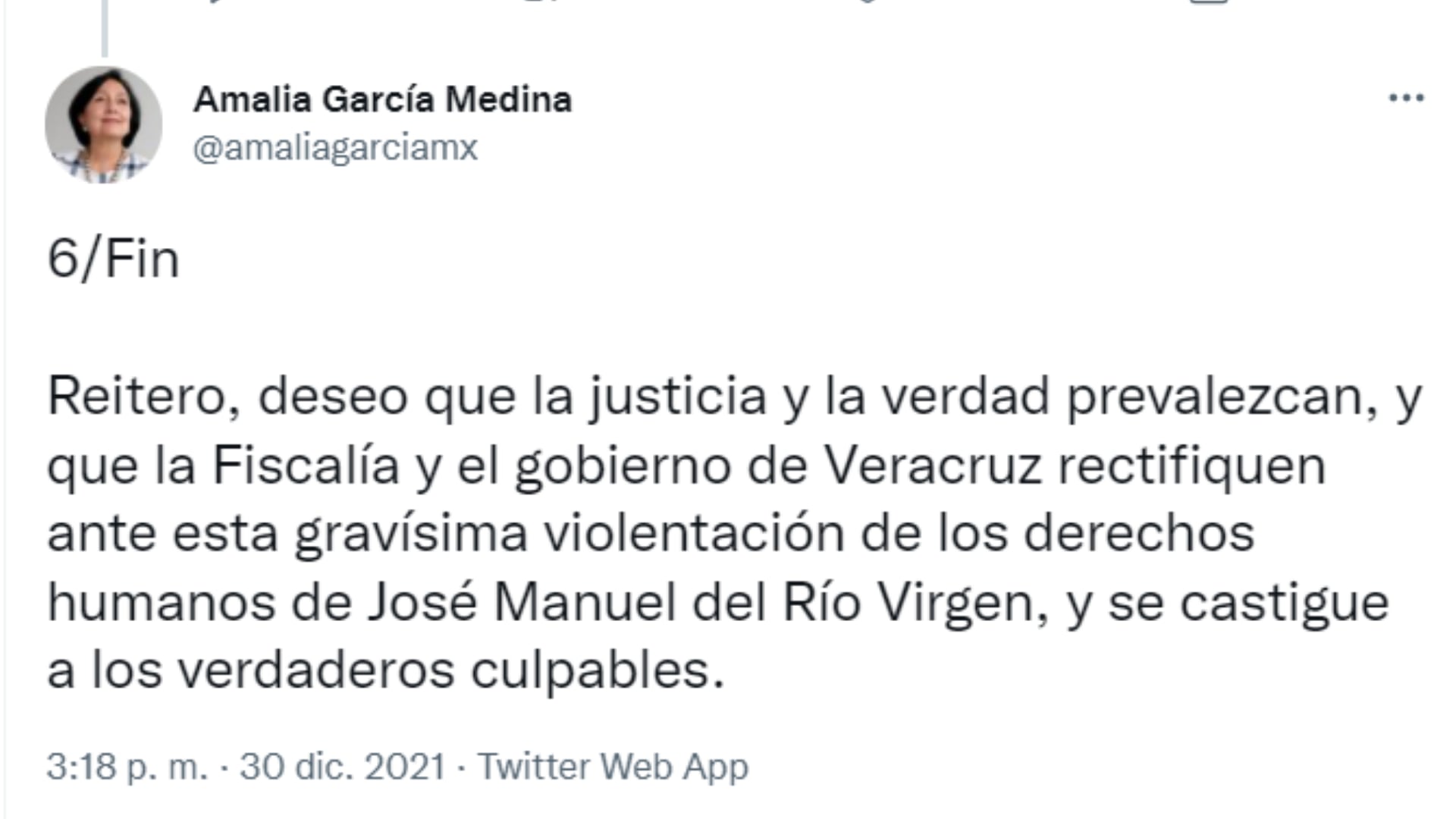 Tuit de Amalia García sobre la detención de José Manuel del Río Virgen