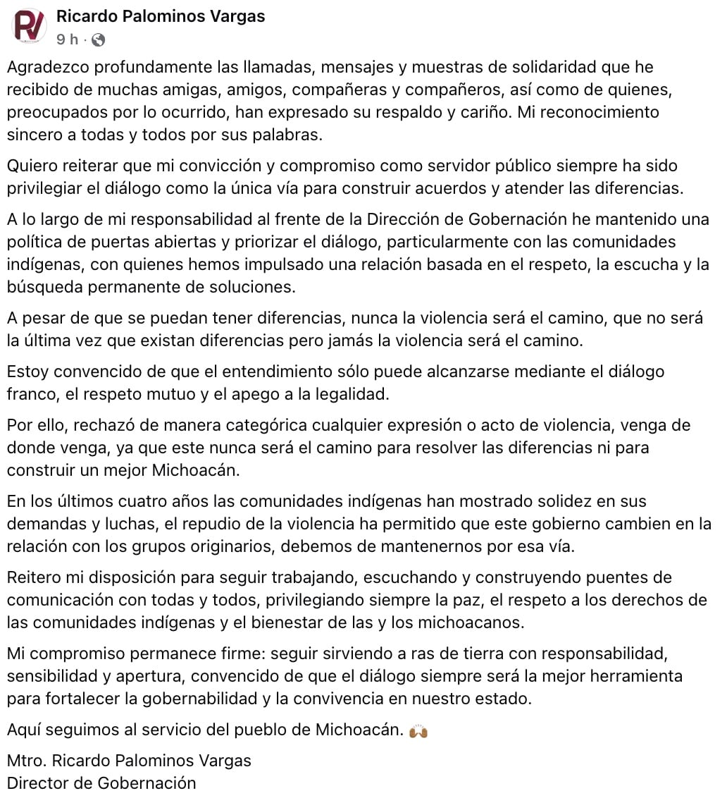 Ricardo Palominos agradece apoyo tras agresión de comuneros fuera de la Casa Michoacán