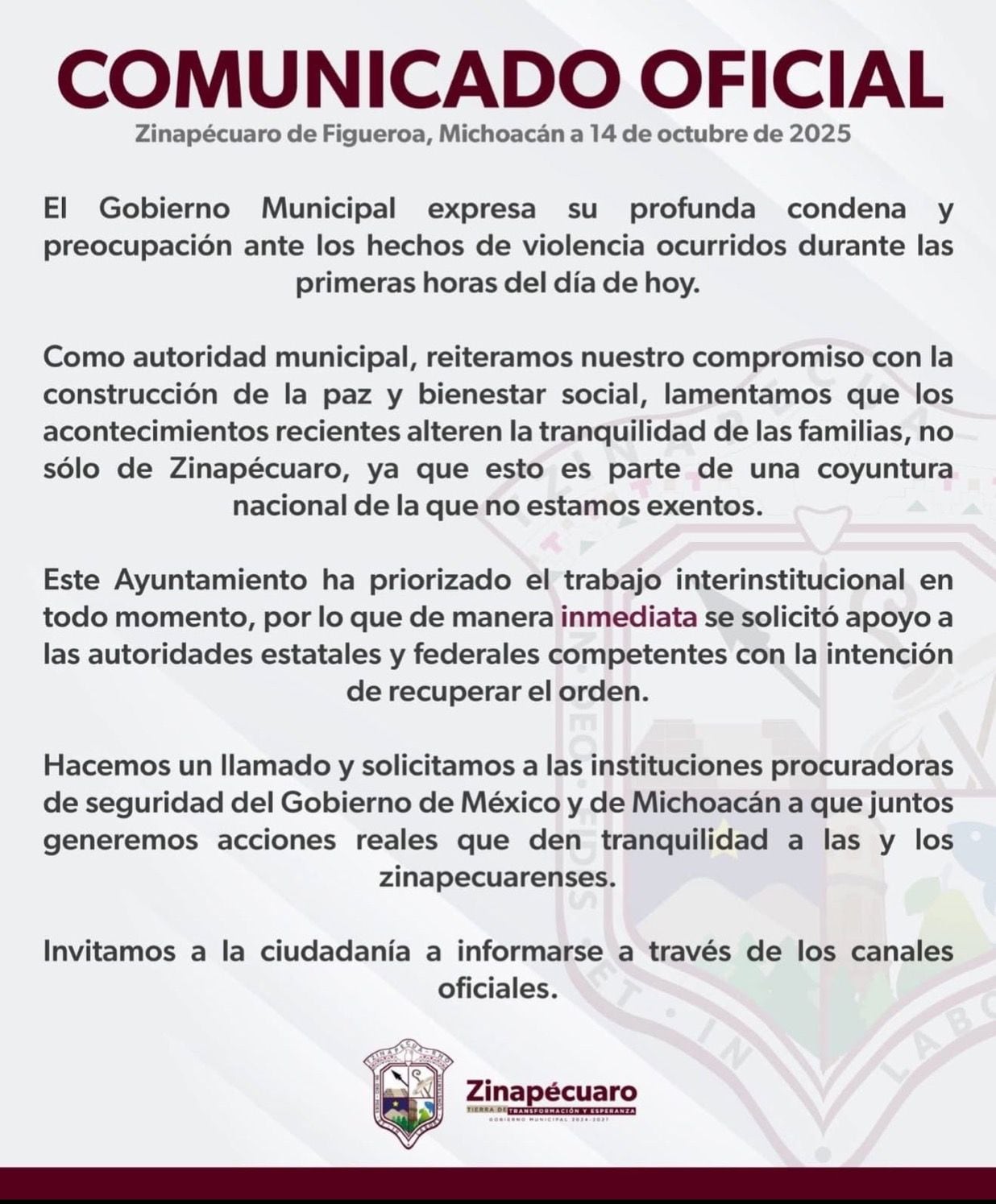 Comunicado tras ataque a la presidencia municipal de Zinapécuaro, Michoacán.
