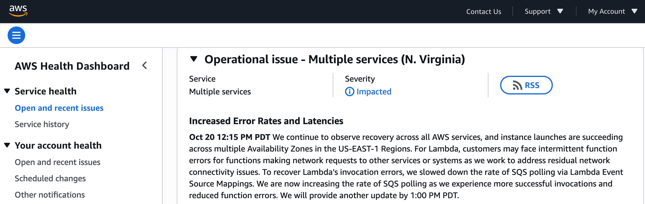 Reporte de actualización en el estado de AWS