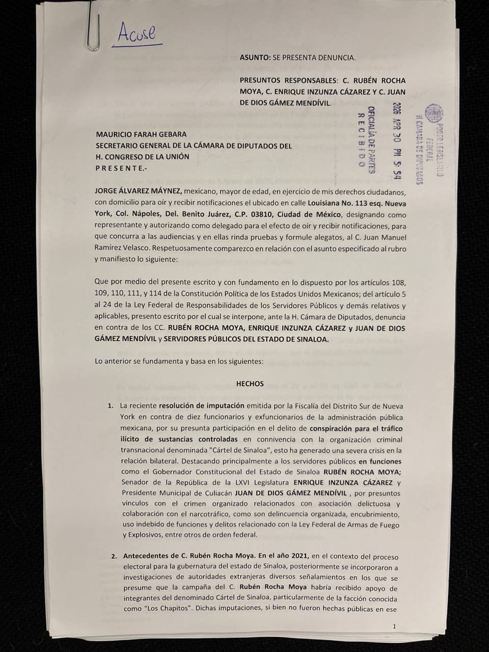 Movimiento Ciudadano solicita desafuero contra Rubén Rocha Moya