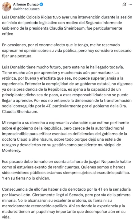 Alfonso Durazo responde a Colosio Riojas por críticas contra Segundo Informe