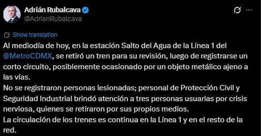 Adrián Rubalcava descarta lesionados tras flamazo en Línea 1 del Metro CDMX
