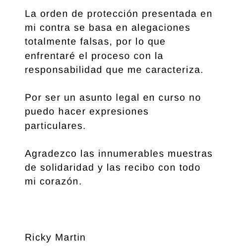 Ricky Martin responde a denuncia y orden de restricción.