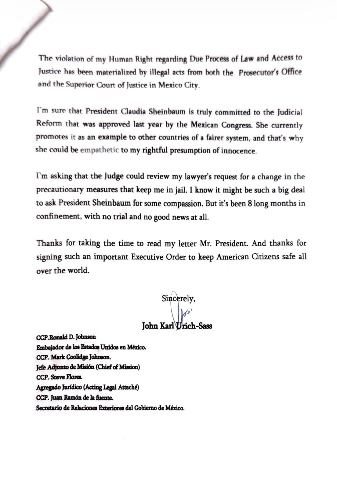 Carta de John Urich-Sass, heredero de BACO