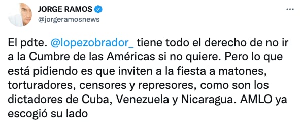 Jorge Ramos critica a AMLO por postura ante Cumbre de las Américas