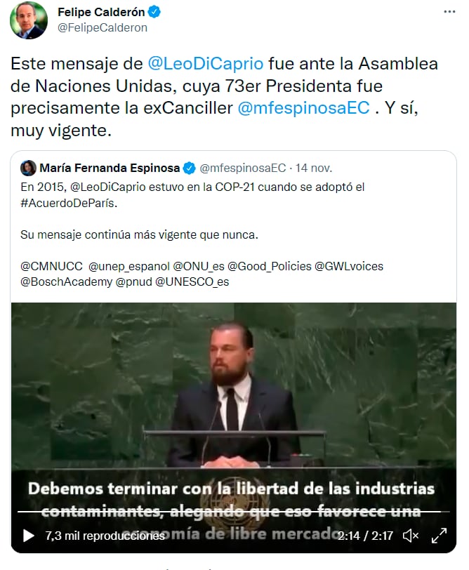 Captura de pantalla del tuit de Felipe Calderón recodando el discurso de Leonardo DiCaprio en la asamblea de la ONU en 2015