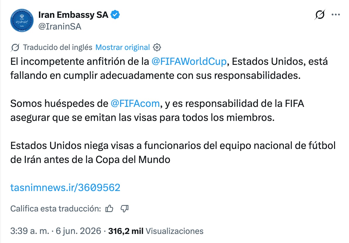 Irán denuncia falta de visas para integrantes de la selección rumbo al Mundial 2026