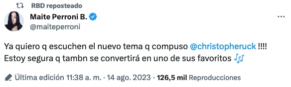 Maite Perroni habla sobre la canción que Christopher Uckemann escribió para RBD.