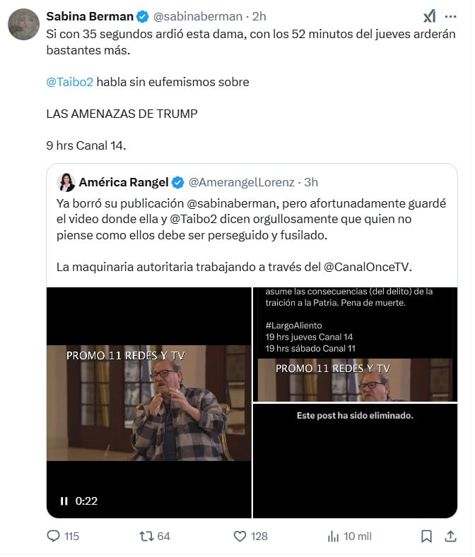 Sabina Berman defiende entrevista con Paco Ignacio Taibo II donde pide fusilamiento para mexicanos que apoyen a Donald Trump