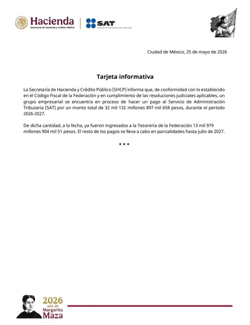 SAT informa abono de Ricardo Salinas Pliego por deuda fiscal