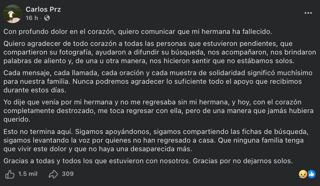 Carlos Pérez confirma muerte de su hermana Karla