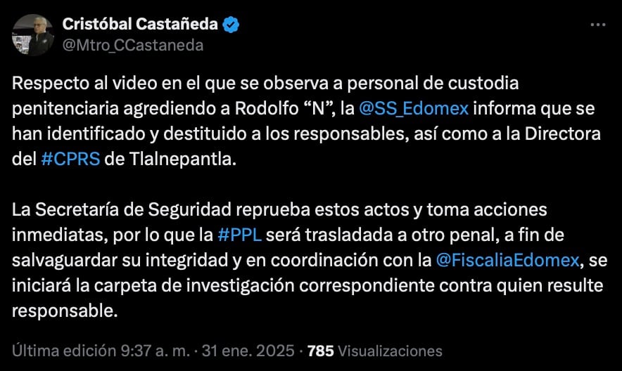 Tuit de secretario de Seguridad del Estado de México sobre video de agresiones contra Fofo Márquez