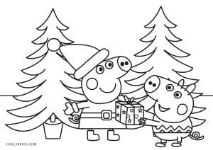 6 dibujos de Peppa Pig poniendo el árbol de Navidad para imprimir y colorear