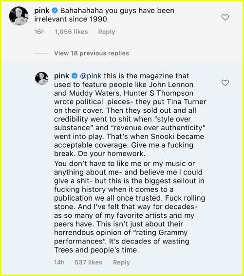 Pink se lanza contra Rolling Stone por no incluirla en las mejores presentaciones de los Grammy