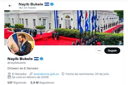 Cambio de biografía en Twitter del presidente de El Salvador, Nayib Bukele
