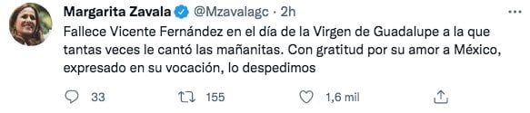 Tuit de condolencias por muerte de Vicente Fernández