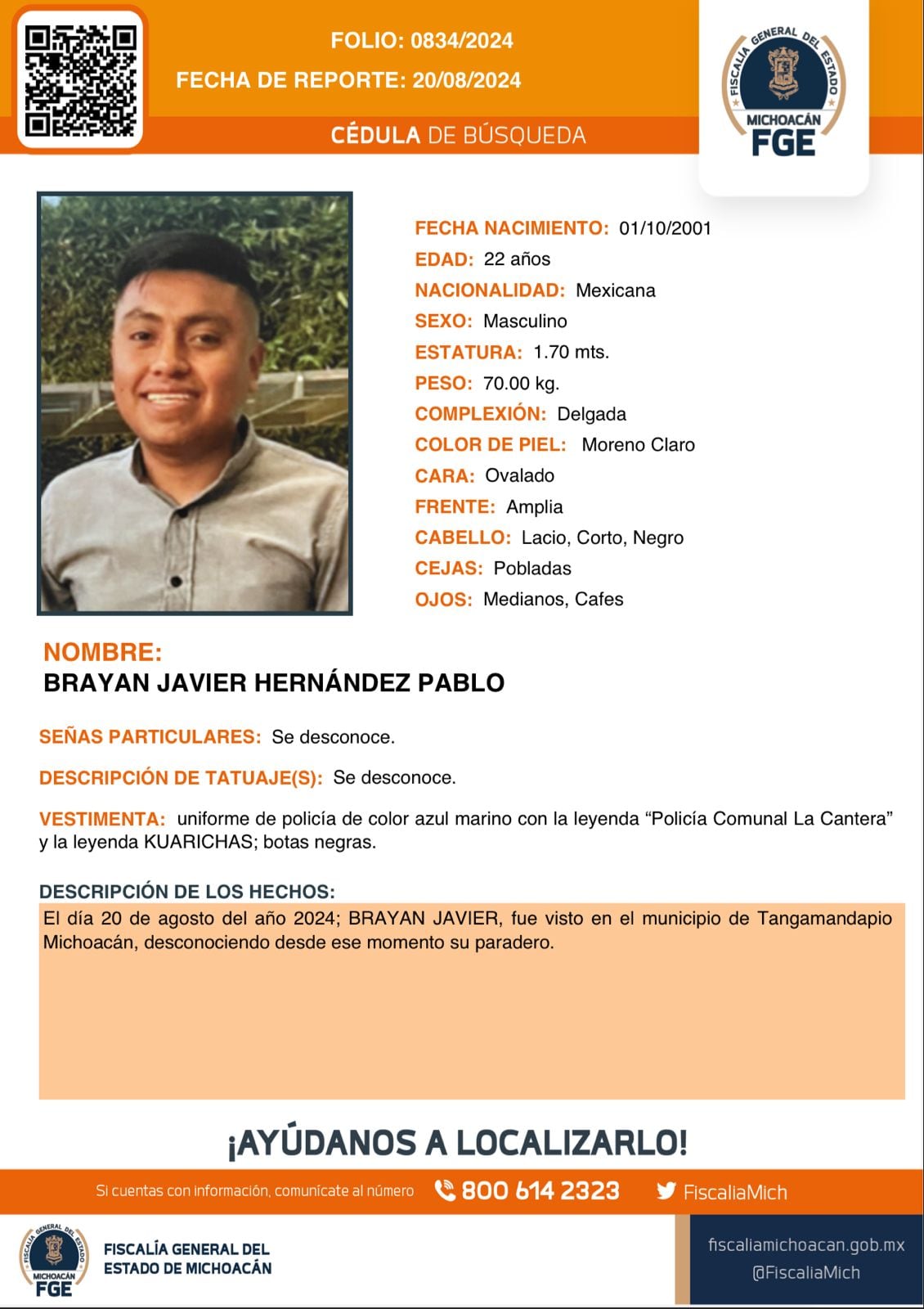 Ficha de búsqueda de policía comunal desaparecido en Tangamandapio, Michoacán