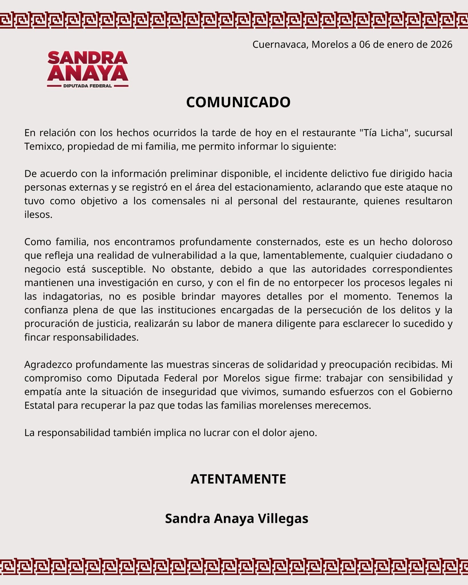Sandra Anaya sobre el ataque a su restaurante de Temixco