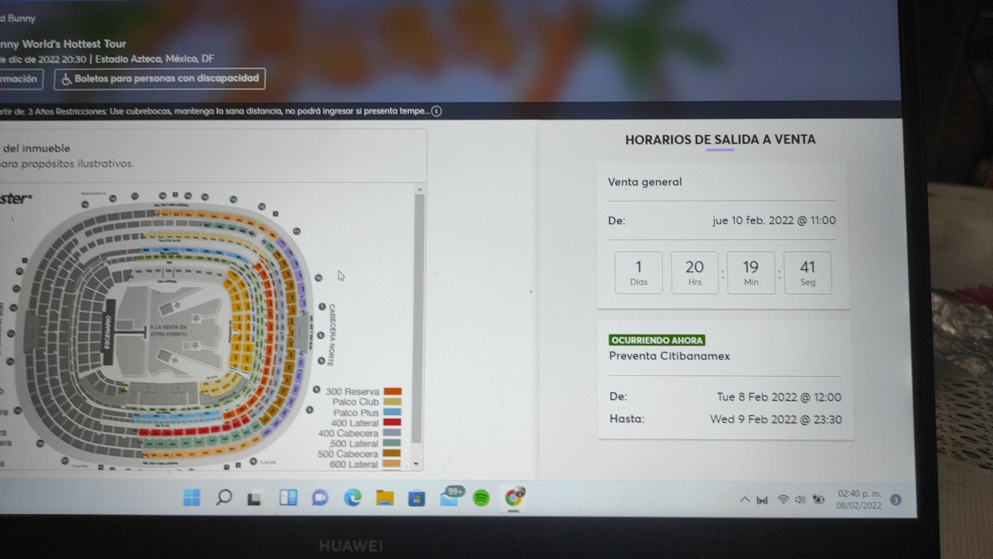 Menú de Ticketmaster para los boletos de Bad Bunny