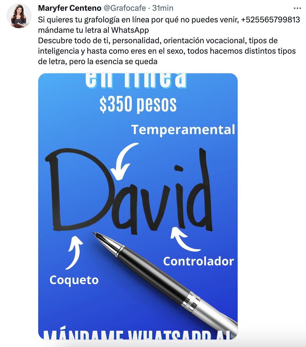 Maryfer Centeno está dando consultas en línea de grafología