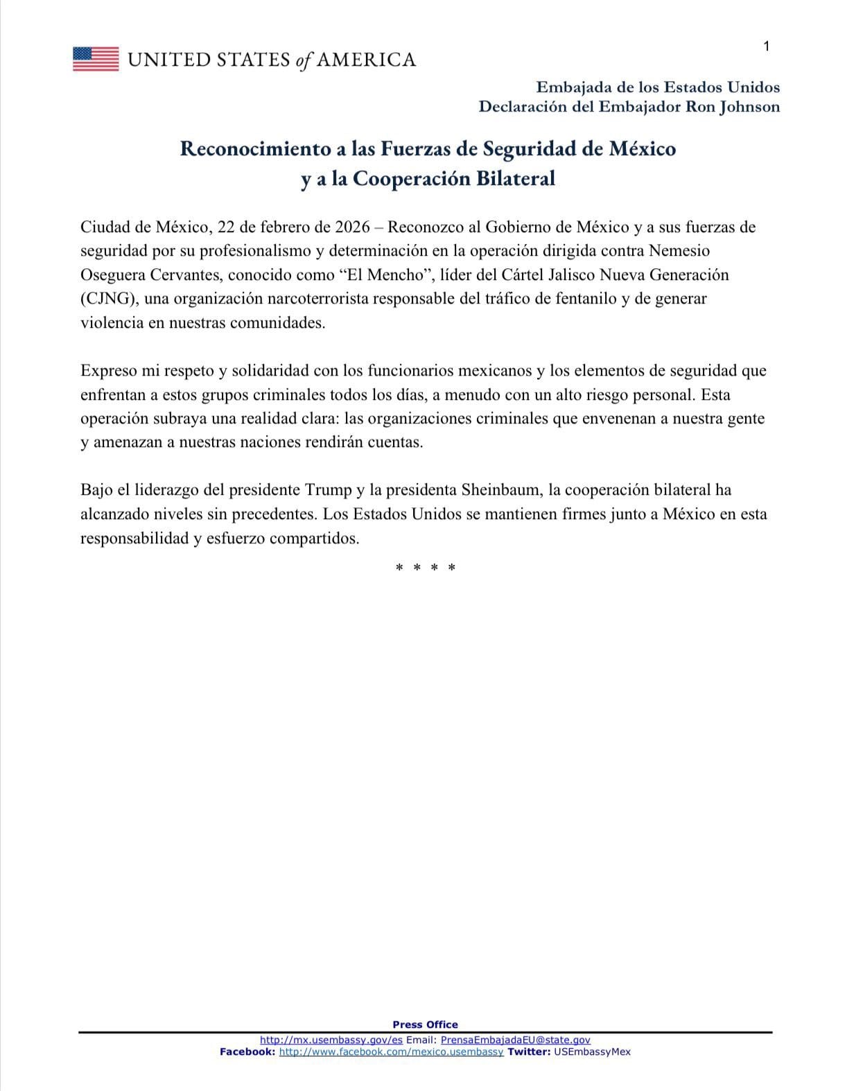 Comunicado del embajador Ron Johnson sobre la detención de El Mencho.