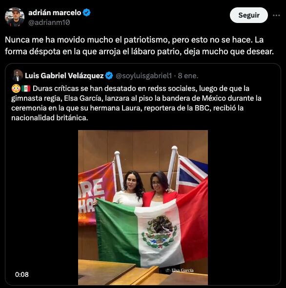 Adrián Marcelo critica a Elsa García por haber tirado la bandera de México al suelo.