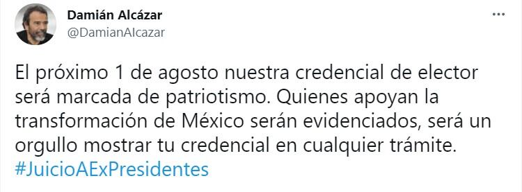 Publicación de Damián Alcázar en Twitter