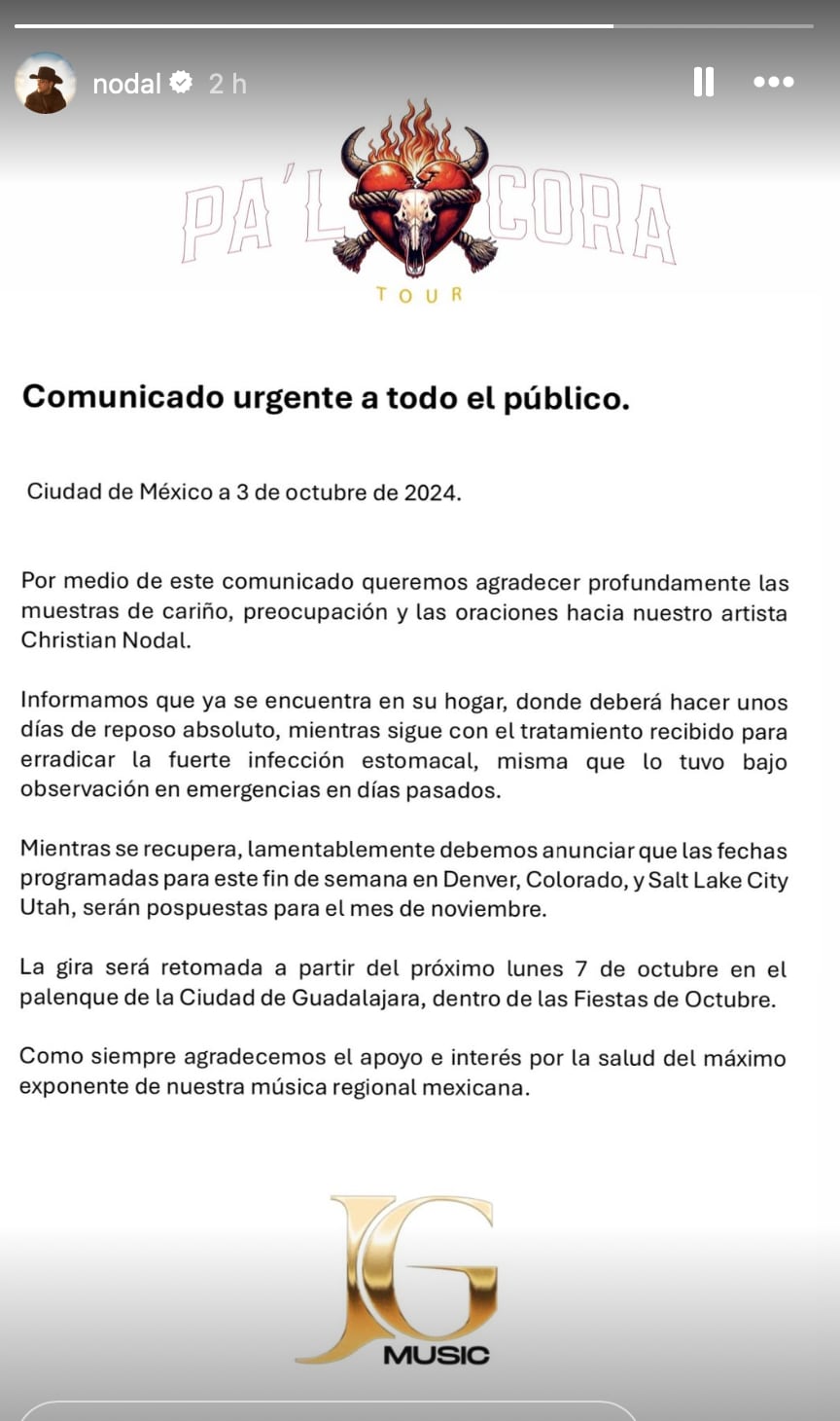 Christian Nodal esta en reposo absoluto tras ser dado de alta; conciertos siguen suspendidos