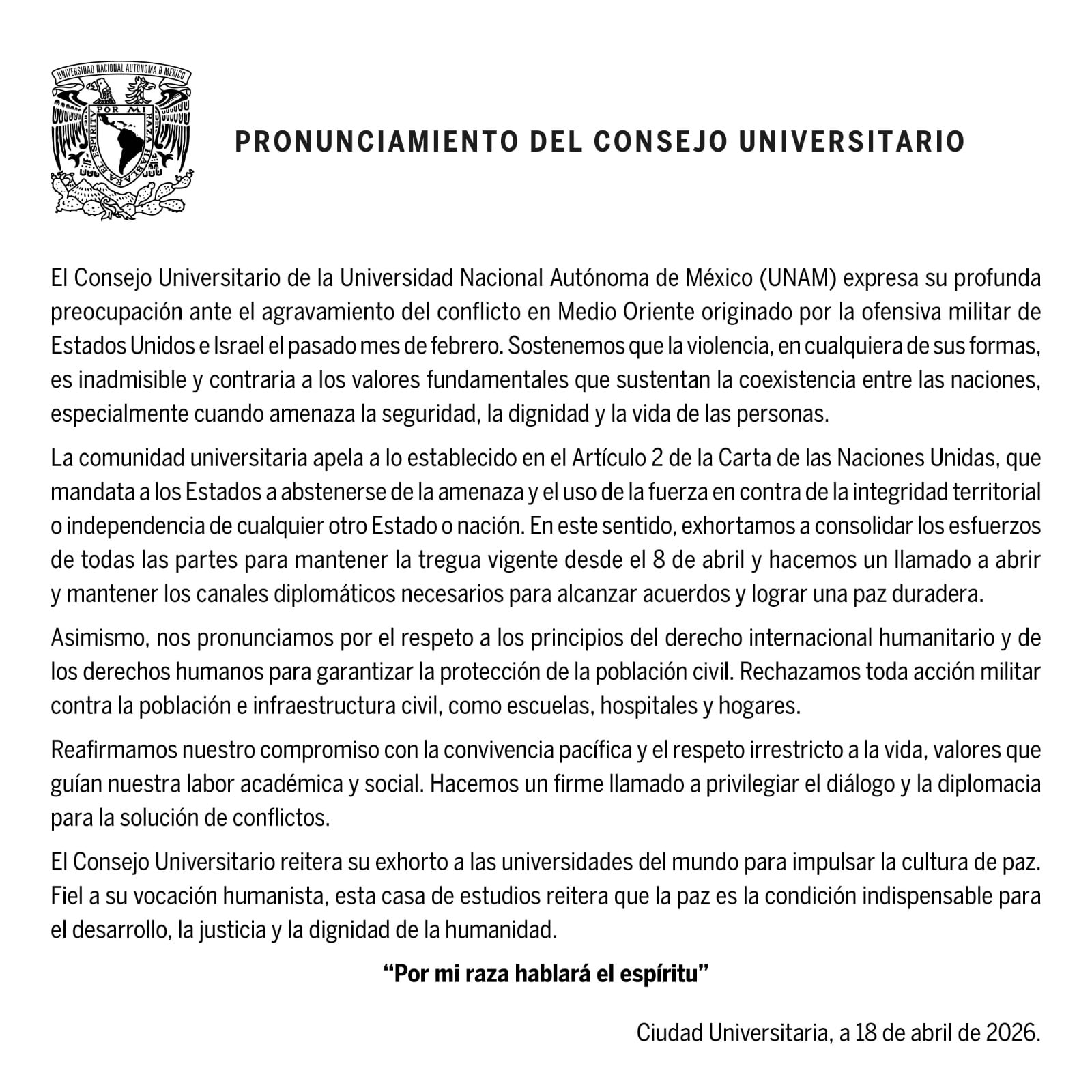 UNAM se posiciona sobre conflicto en Medio Oriente y llama a evitar la violencia