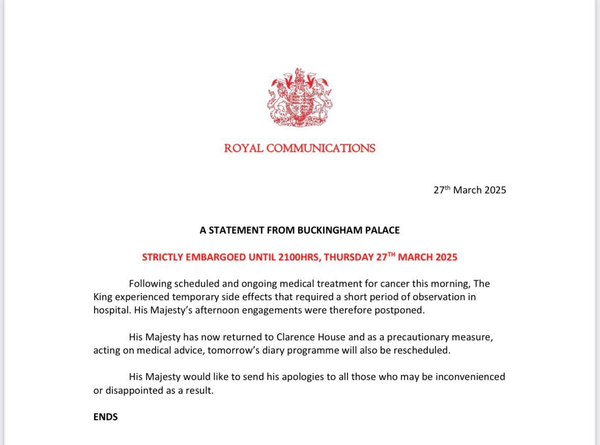 Carlos III del Reino Unido entró al hospital por secuelas del tratamiento contra el cáncer