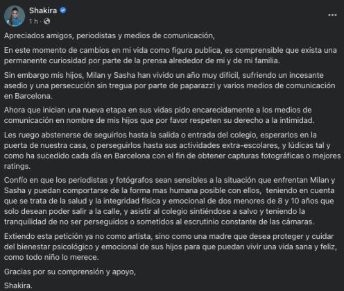 Shakira pide respeto a la vida y privacidad de sus hijos