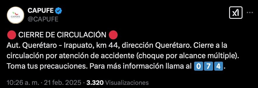Capufe reporta cierre de circulación en Autopista Celaya-Querétaro
