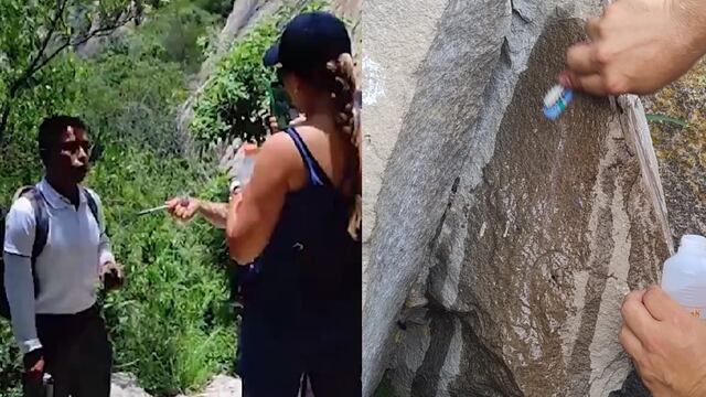 Sorprenden a turista rayando el monolito de Peña de Bernal; dijo ser “ciudadana americana”