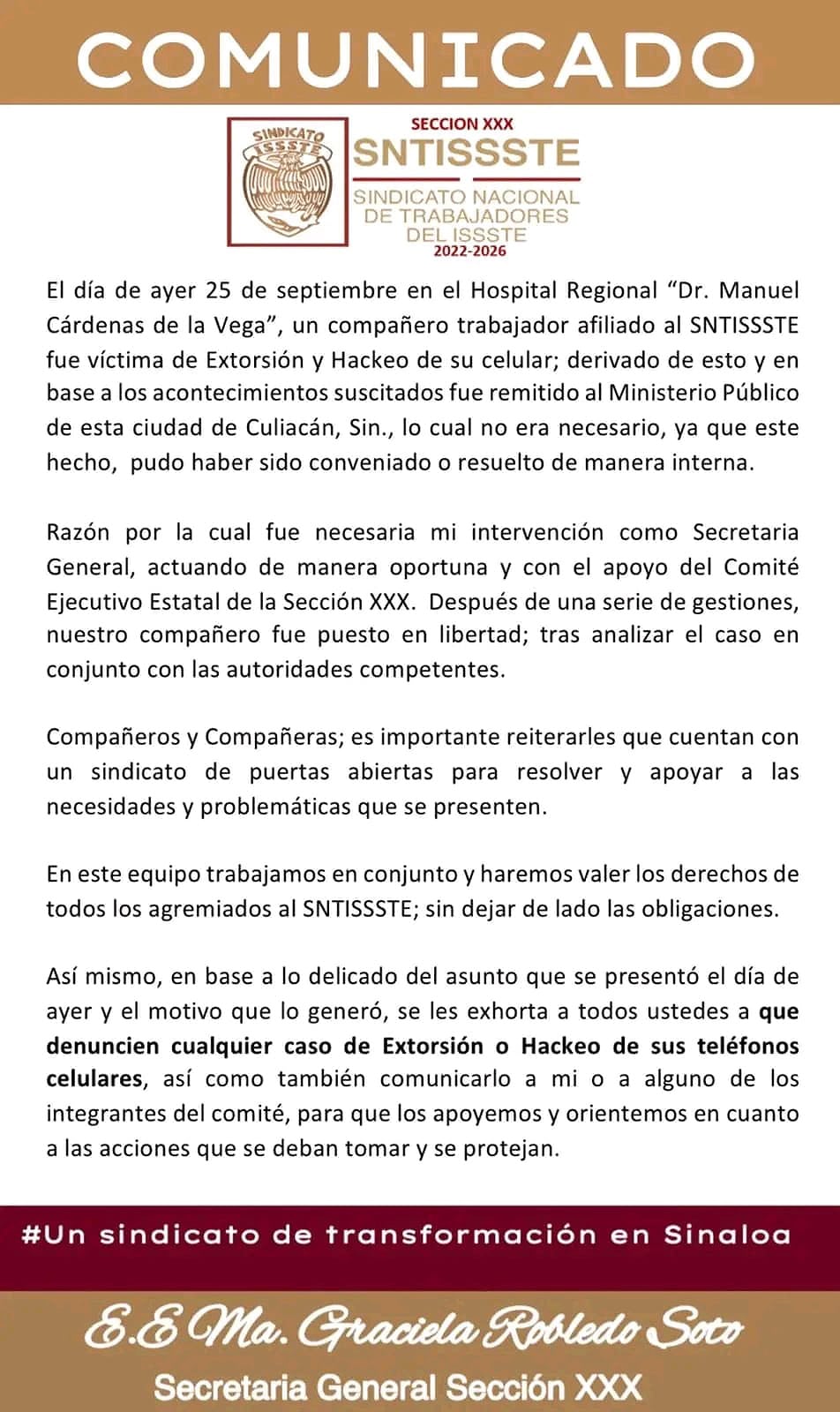 Comunicado SNTISSSTE