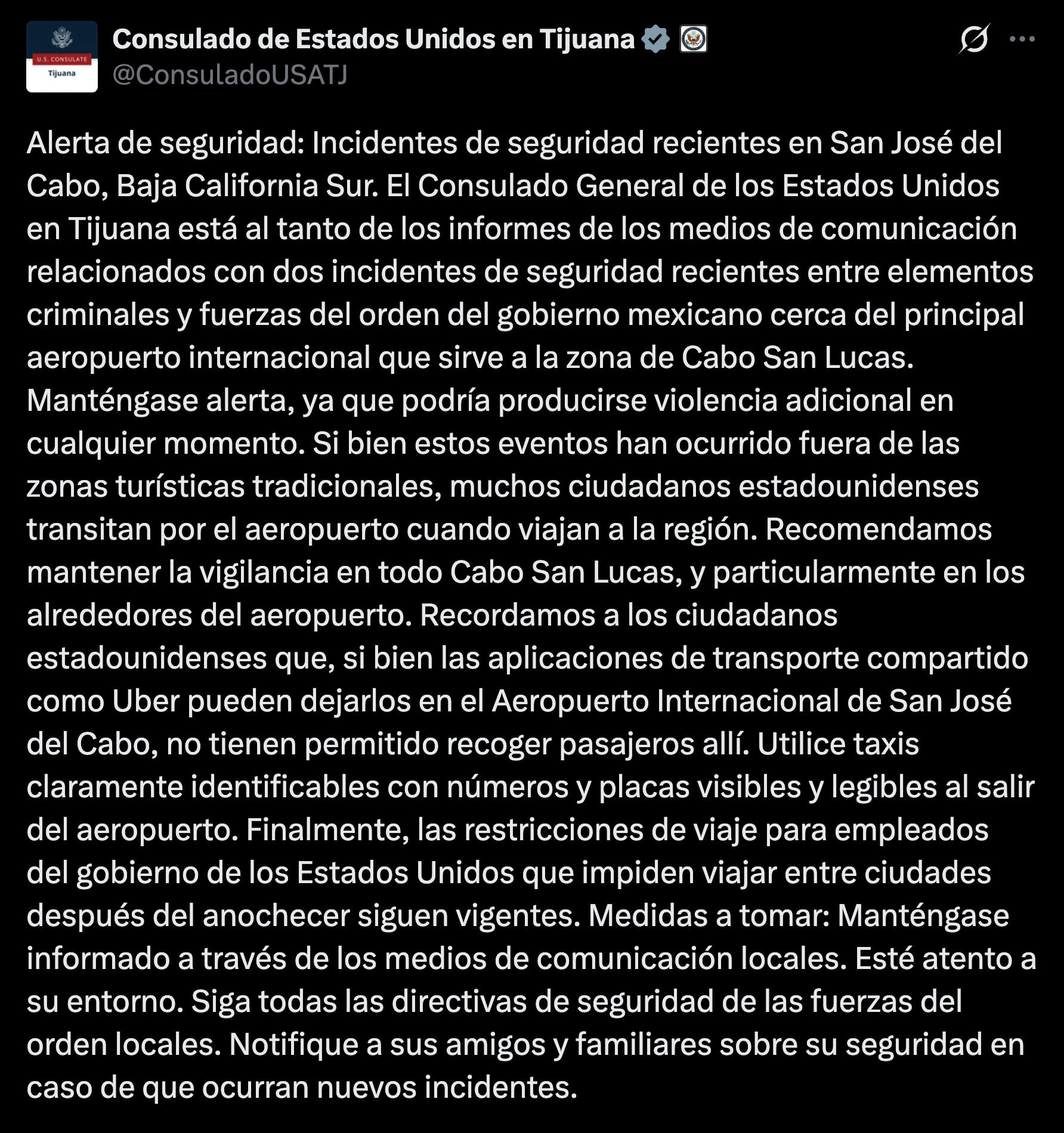 Alerta de seguridad de Estados Unidos tras muerte de estadounidense en Los Cabos