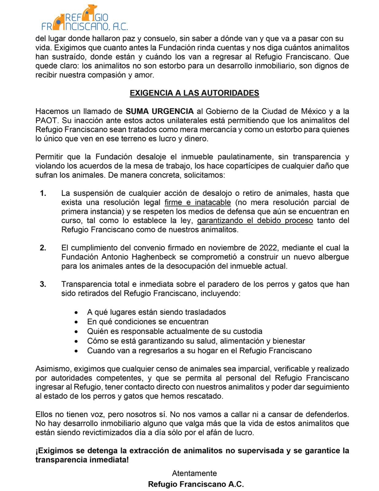 Refugio Franciscano pide al Gobierno de la CDMX frenar el retiro de animales rescatados