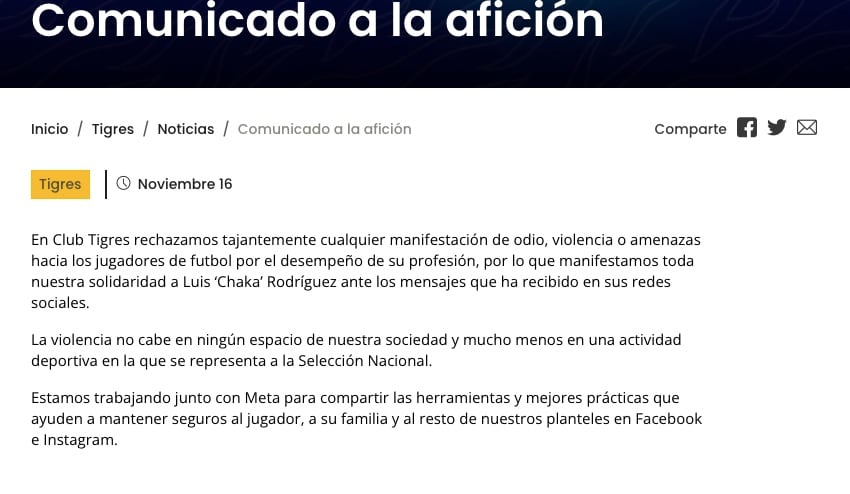 Tigres rechazó las amenazas contra el Chaka Rodríguez