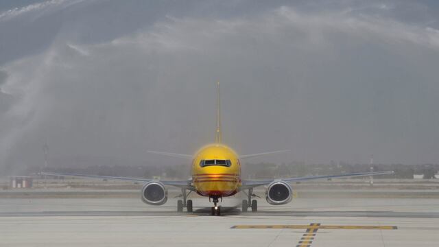 Ceremonia de arribo del primer vuelo de carga en el Aeropuerto Internacional Felipe Ángeles (AIFA).