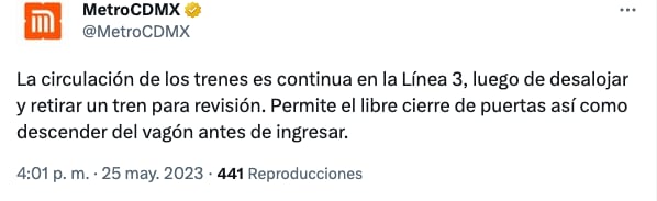 Restablecen servicio en la Línea 3 de Metro