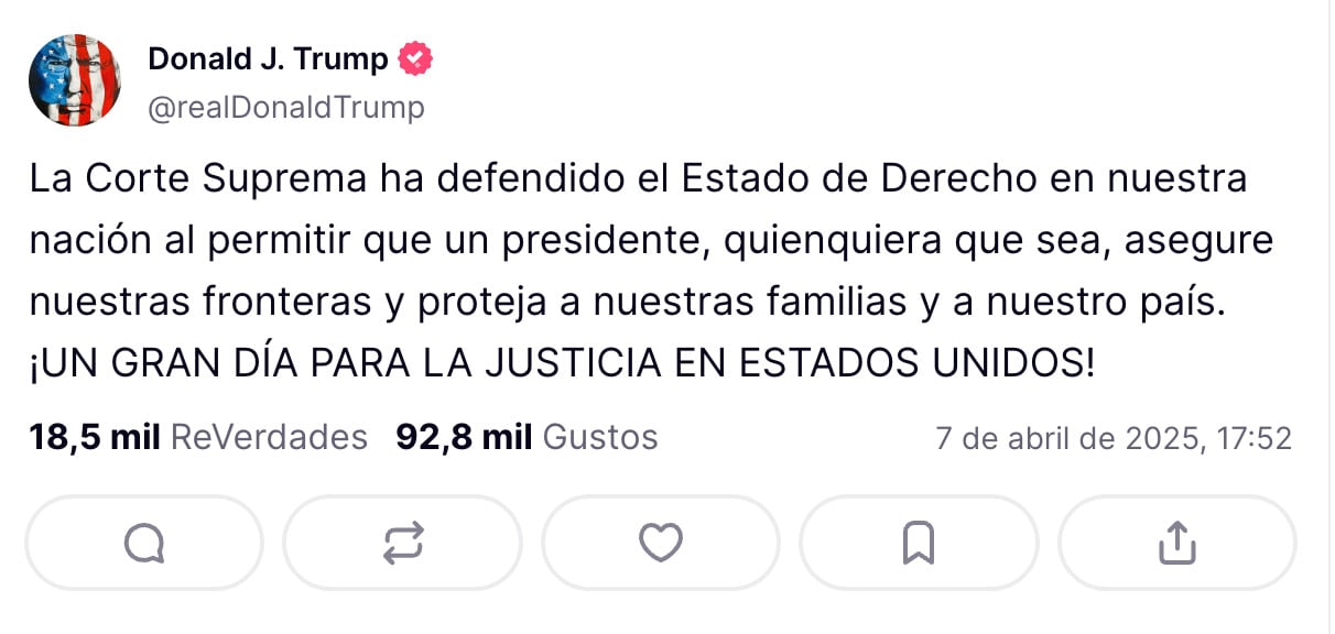 Donald Trump celebra decisión de Corte Suprema